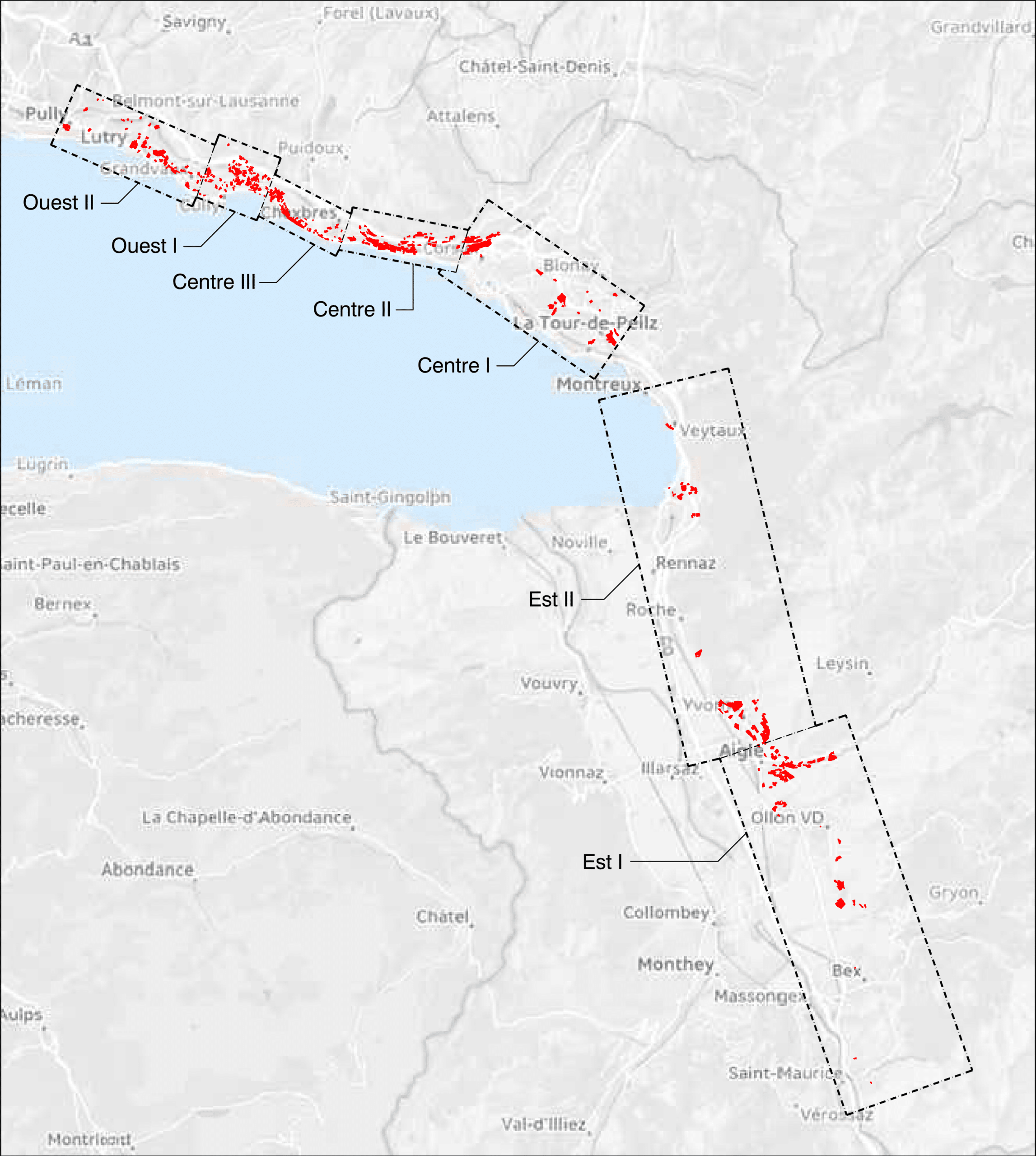 Carte des secteurs de visite des vignes de la Confrérie, de Pully à Lavey (Lavaux et Chablais vaudois)